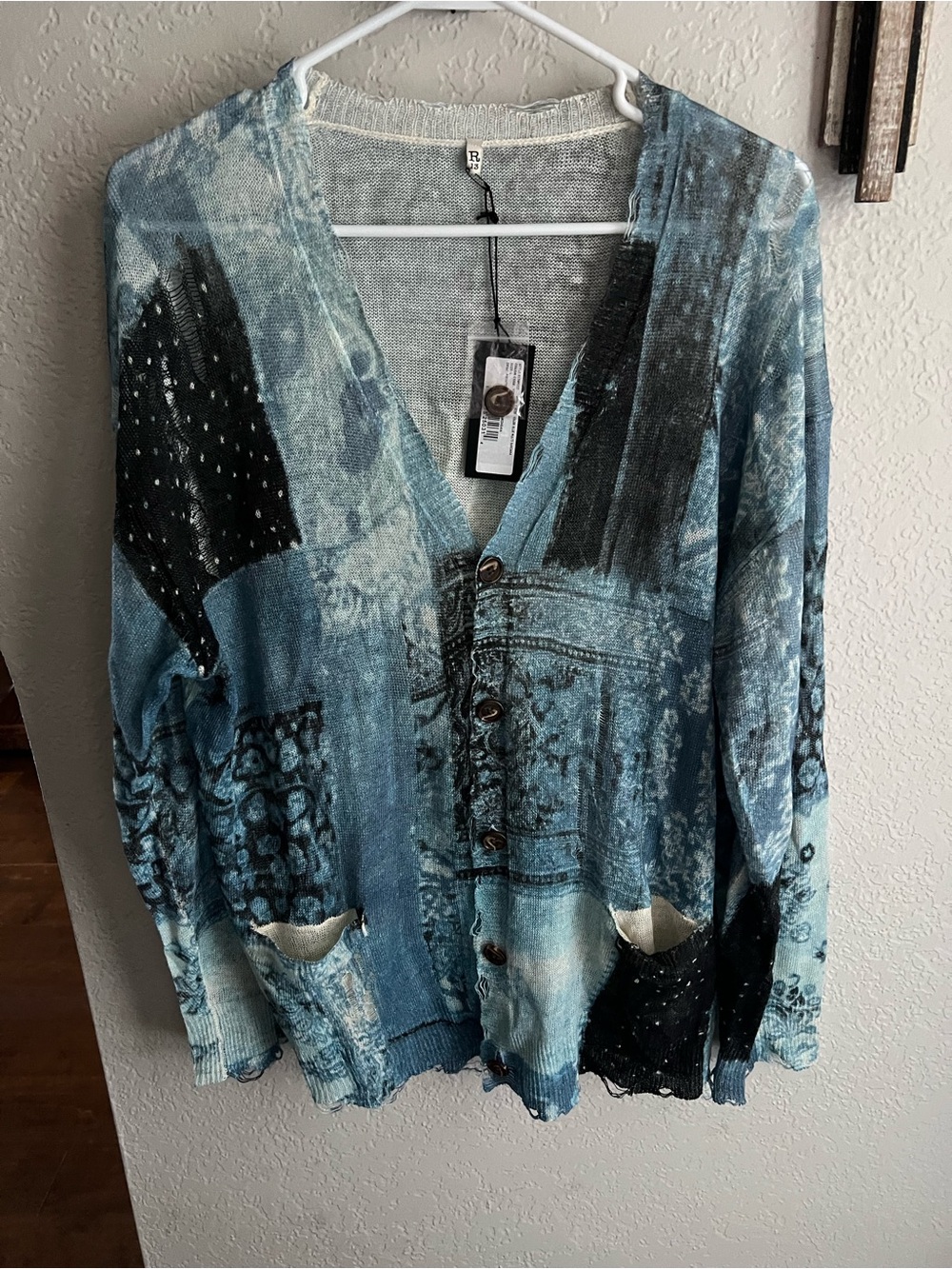 R13 blue multi bandana-print linen cardigan with distressing and a patchwork.